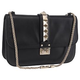 Borsa a tracolla VALENTINO Studs Chain in pelle nera e oro Auth BA14768A Nero Altro