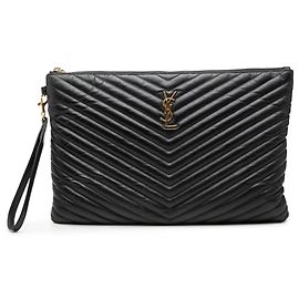 Black Saint Laurent Chevron Leather Monogram Document Holder Clutch Bag Black