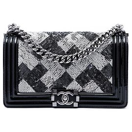 Borsa a tracolla Chanel Boy Flap Old Medium in paillettes e vernice nera Nero
