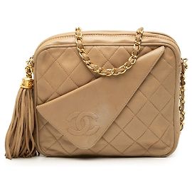 Bolsa Camera Chanel Mini CC Quilted Lambskin com Borlas Bege Bege