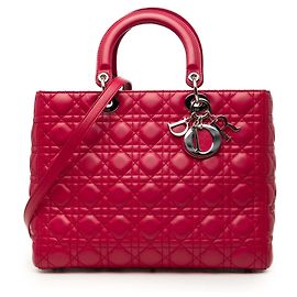 Bolsa Satchel Lady Dior Large em Pele de Cordeiro Cannage Rosa Rosa