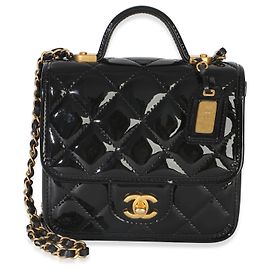 Bolso Chanel Black Quilted Patent School Memory Mini Top Handle Flap Bag Negro