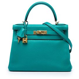 Hermès Blue Clemence Kelly II Retourne 28 Bleu Turquoise