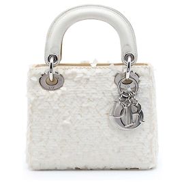 Dior Mini Lady Dior in pelle d'agnello satinata bianca decorata Bianco