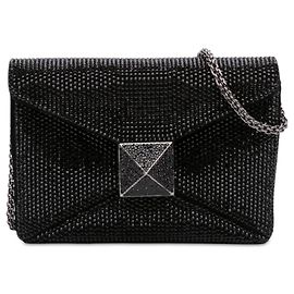 Valentino Black Small Crystal Embellished Suede One Stud Clutch with Chain Black