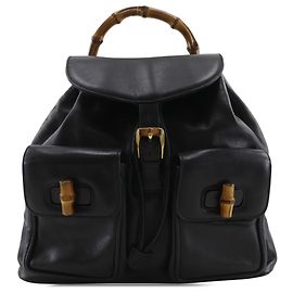 Gucci Black Calfskin Bamboo Drawstring Backpack Black