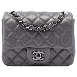 Chanel Gray Mini Square Classic Iridescent Lambskin Single Flap Marrom Cinza antracite