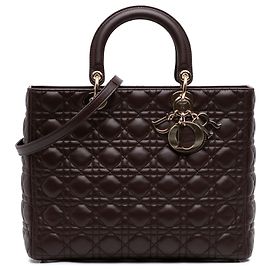 Dior Brown Large Lambskin Cannage Lady Dior Marron Marron foncé