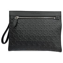 Salvatore Ferragamo Ferragamo Black Embossed Leather Gancini Clutch Black