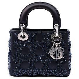 Dior Blue Limited Edition Shanghai Mini Satin Sequin Embellished Lady Dior Bleu Bleu Marine