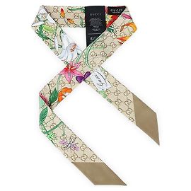 Gucci Lenço de seda com estampa floral para mulher Marrom