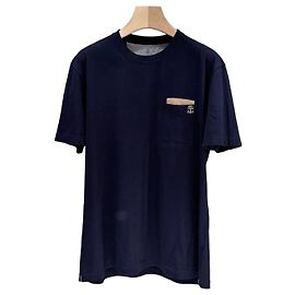 Brunello Cucinelli Camiseta de cuello redondo de algodón con bolsillo logo Navy (XXL) Azul