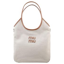 Miu Miu Saco Tote em Lona e Couro Bege ACRN Marrom