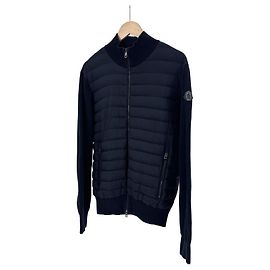 Moncler Cardigã acolchoado masculino em malha de algodão tricotada preto e azul marinho Azul