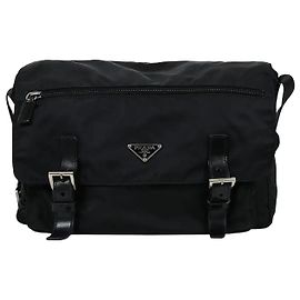 Prada Bella Nylon Messenger Shoulder Bag Medium Black Black