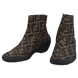 FENDI Zucca Canvas Short Boots Brown Black Auth BA15000A Brown Black