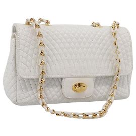 BALLY Chain Shoulder Bag Leather White Gold Tone Auth 196398 White Other