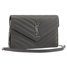 SAINT LAURENT Cassandra Chain Shoulder Wallet Leather Gray Silver Auth ka5813V Marron Argenté