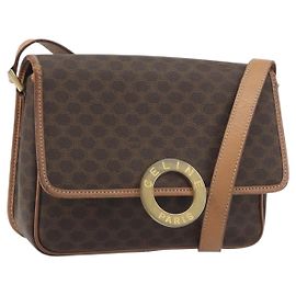 Céline Bolsa de Ombro CELINE Macadam Canvas PVC Leather Brown Gold Auth 196617 Marrom Dourado