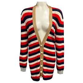 Cárdigan de punto a rayas rojo / blanco / azul de Gucci con botones de perlas logo GG Multicolor