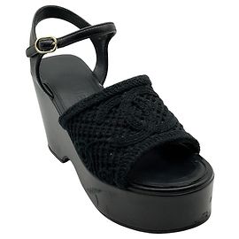 Chanel 2025 Black Mesh CC Logo Platform Sandals Black