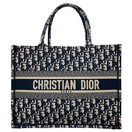 Christian Dior Ecru / Blue Dior Oblique Embroidery Medium Dior Book Tote Handbag Blue