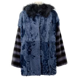Yves Salomon Vintage Blue Lamb and Fox Hooded Jacket Blue