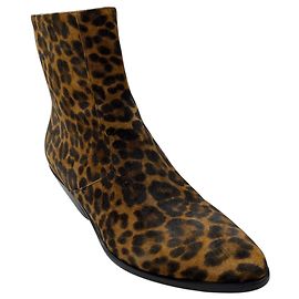 Saint Laurent Camel / Brown / Black West Leopard Print Suede Ankle Boots Brown