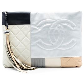 Silver Chanel Quilted Lambskin Colorblock Patchwork O Case Clutch Silvery