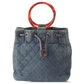 Blue Chanel CC Quilted Denim Resin Ring Handle Bucket Bag Blue