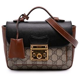 Bolsa Satchel Mini GG Supreme e couro de bezerro bege com aba e bolso e cadeado Gucci Bege