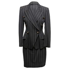 Black Escada Wool Pinstripe Double-Breasted Skirt Suit Size EU 34 Black