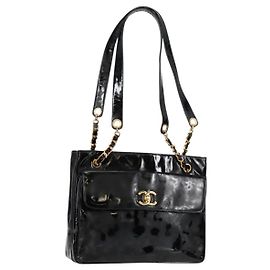 CHANEL Chain Tote Bag Lackleder Schwarz Gold CC Andere