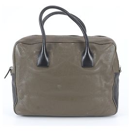 Prada Leather Business Bag Briefcase Tote Black Green Khaki