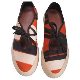 Sapatilhas Dries Van Noten em lona laranja, branca e azul marinho Branco Laranja Azul escuro