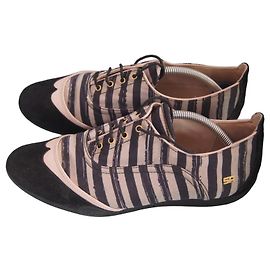 Sonia Rykiel Baskets rayées en toile et daim Noir Multicolore Beige