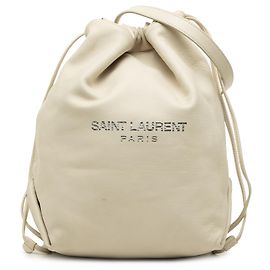 Saint Laurent White Lambskin Teddy Drawstring Bucket Bag White Cream