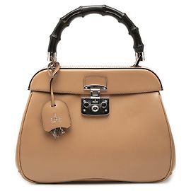 Gucci Lady Lock Handbag em couro de bezerro liso Bege Medium com bambu Bege