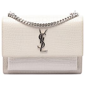Saint Laurent White Medium Croc Embossed Leather Monogram Sunset Crossbody Branco Cru
