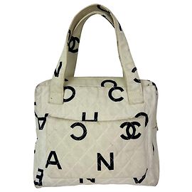 Bolsa vintage Chanel Matelasse Logo em lona de algodão marfim Branco