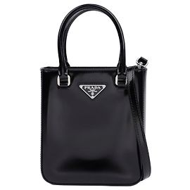 Prada Triangle Logo Small Brushed Leather Tote Bag Black Black