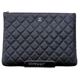 Chanel Pochette Classic Caviar Logo CC Black Series Noir