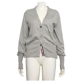 Thom Browne Cardigã de mistura de seda com riscas intarsia para mulher Cinza Marrom