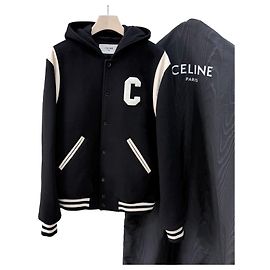 Céline Cashmere Wool Teddy Varsity Hooded Jacket Black Black
