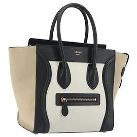 Céline CELINE Luggage Micro Shopper Hand Bag Leather White Gold Auth 196632V Weiß Golden