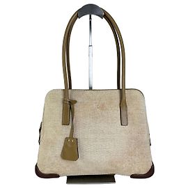 Vintage Prada Canvas Leather Trim Tote Beige Brown Beige