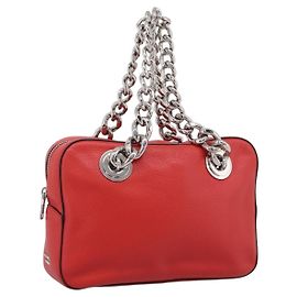 PRADA Chain Hand Bag Leather Red Silver Auth 198640V Silvery Red