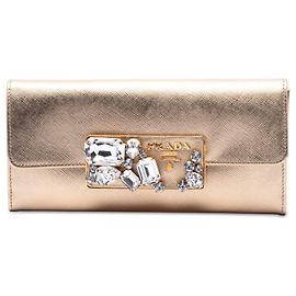 Gold Prada Saffiano Lux Crystal Embellished Continental Wallet Long Wallets Golden