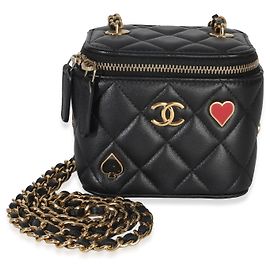 Mini Vanity Case Chanel Coco Casino em pele de cordeiro matelassada preta com corrente Preto