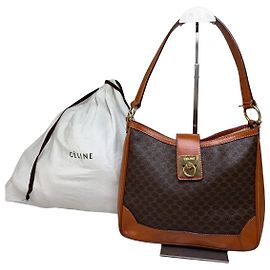 Céline Bolsa de Ombro Vintage Celine Macadam Canvas Marrom Laranja Marrom